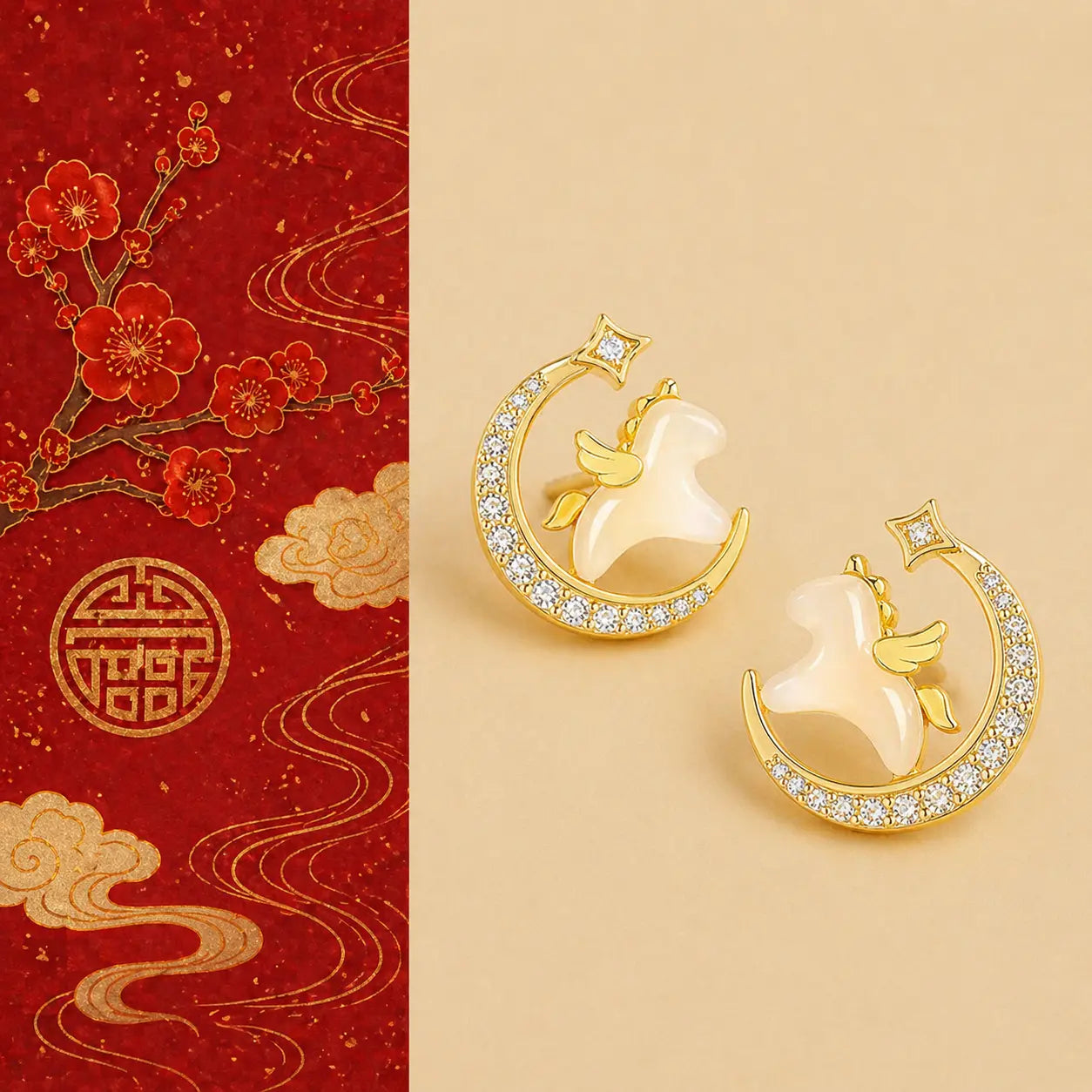 Celestial Horse Hetian Jade Zircon Earrings with gold horse charm and jade detail by TheFuMaster