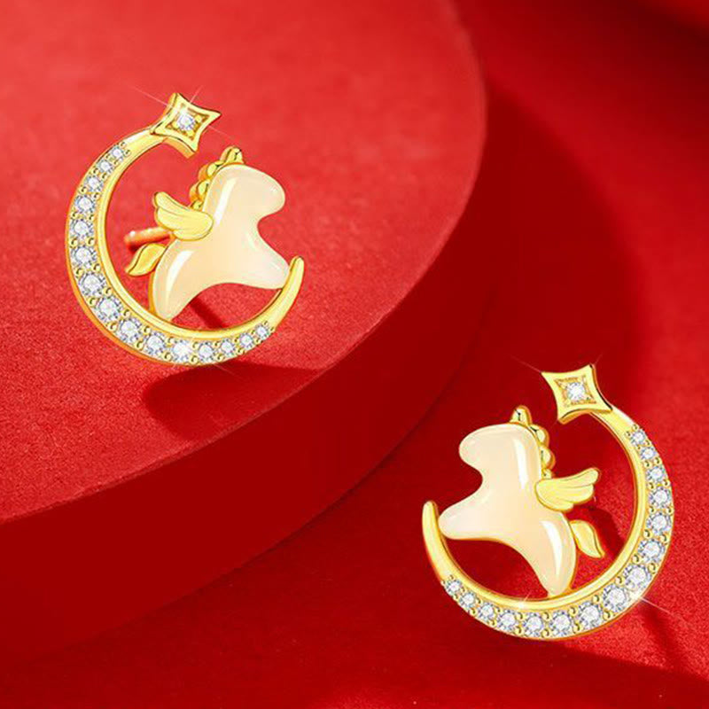 Side view of Celestial Horse Hetian Jade Zircon Earrings showing jade and zircon details