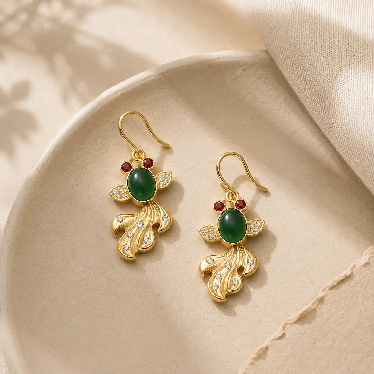Jade Koi Earrings shown from another angle with koi