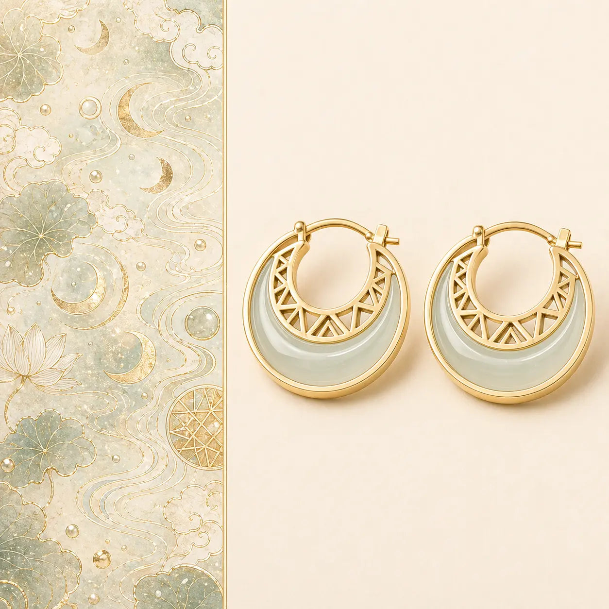 Crescent Moon Jade Drop Earrings with green jade and gold crescent design by TheFuMaster