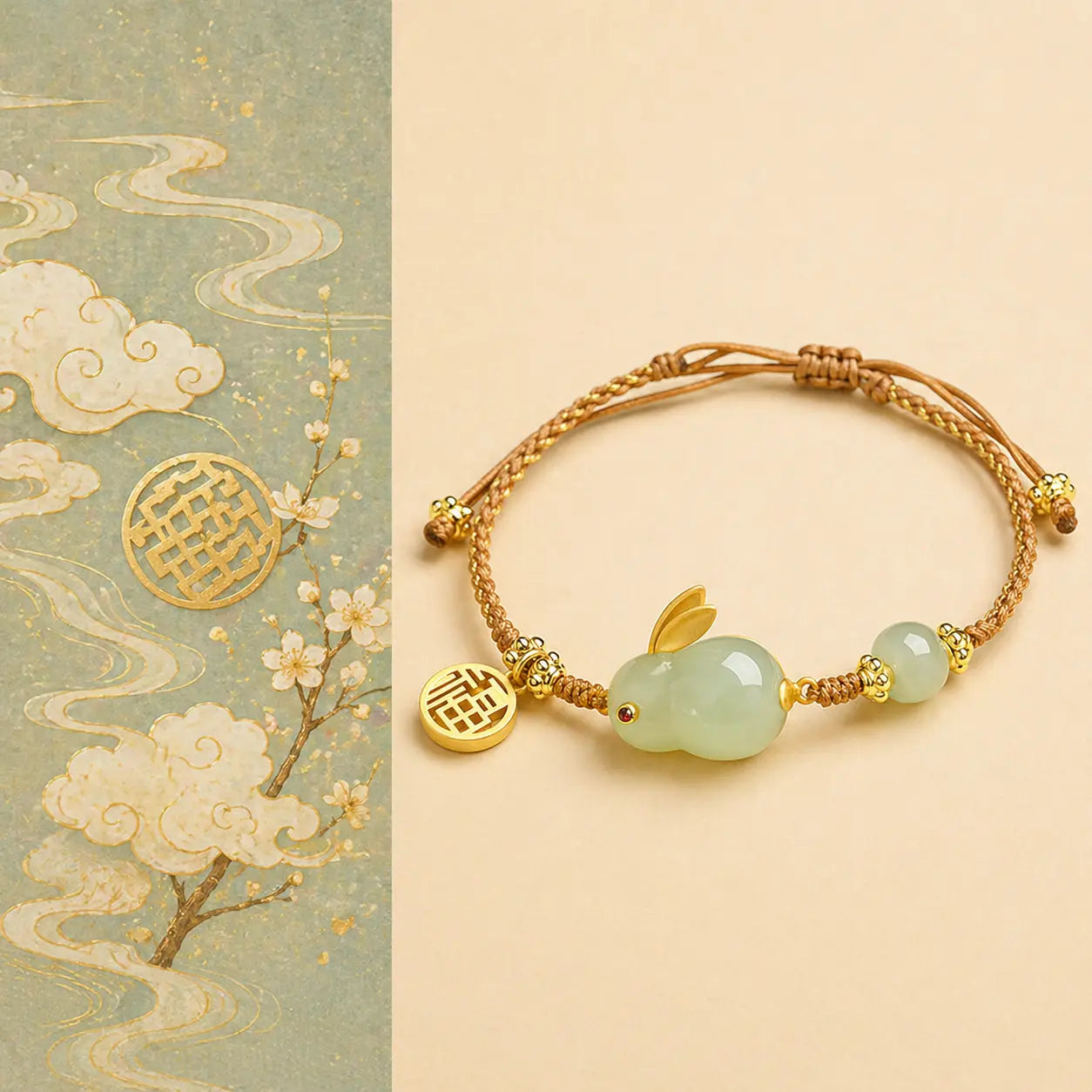 Gold bracelet with green beads on a beige background