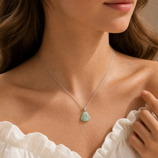 Jade serenity symbol necklace worn on the neck