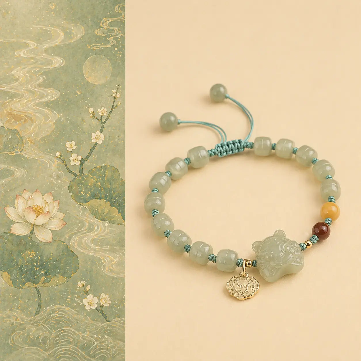 Decorative bracelet with a turtle charm on a beige background with floral design