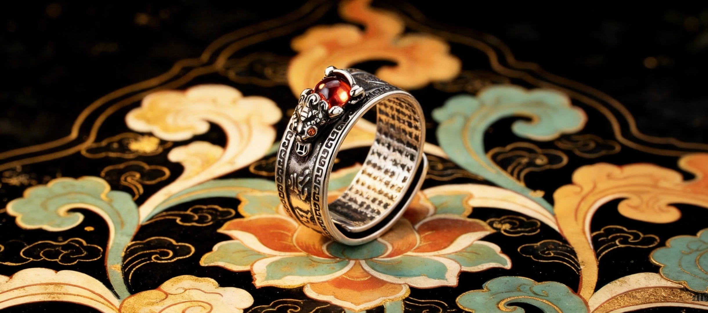 Silver ring with a red gemstone on an ornate, floral-patterned surface