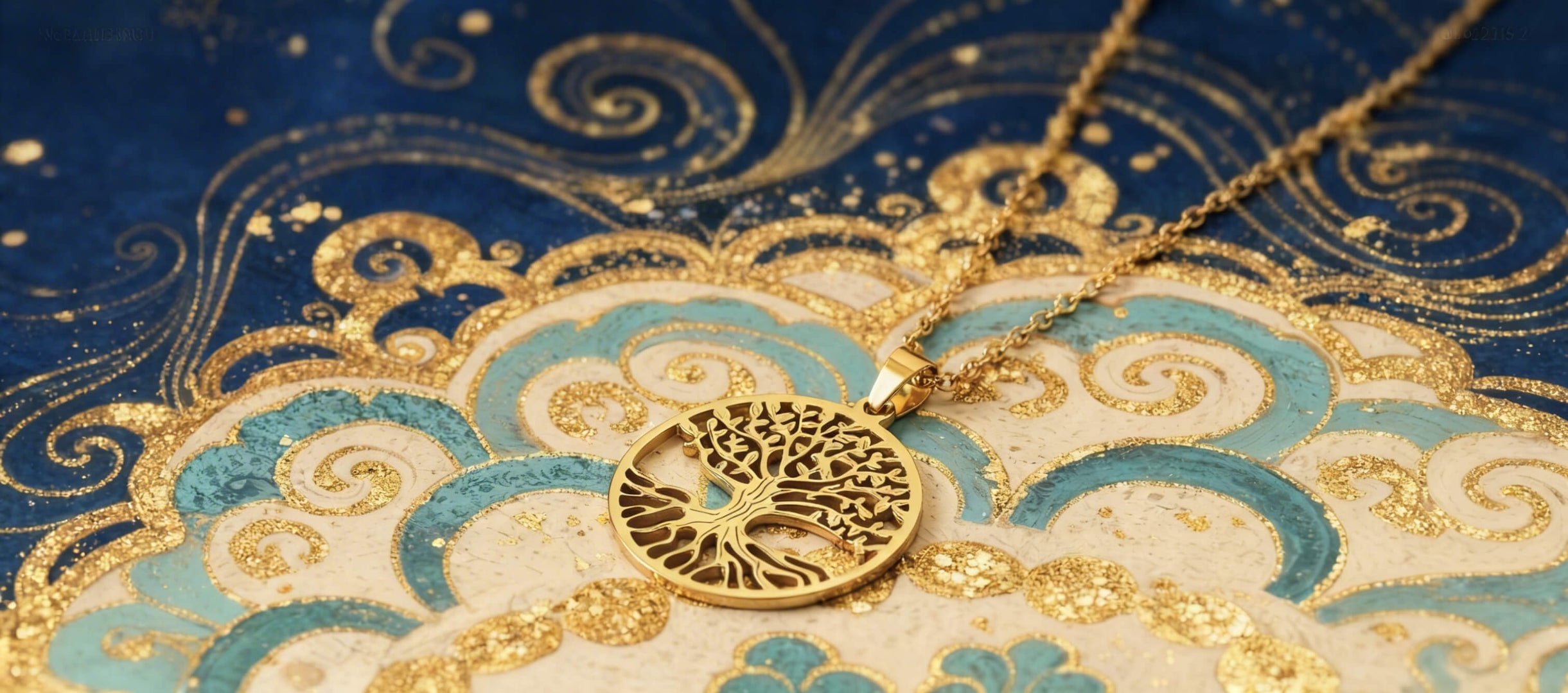 Gold tree of life necklace on a decorative blue and gold background