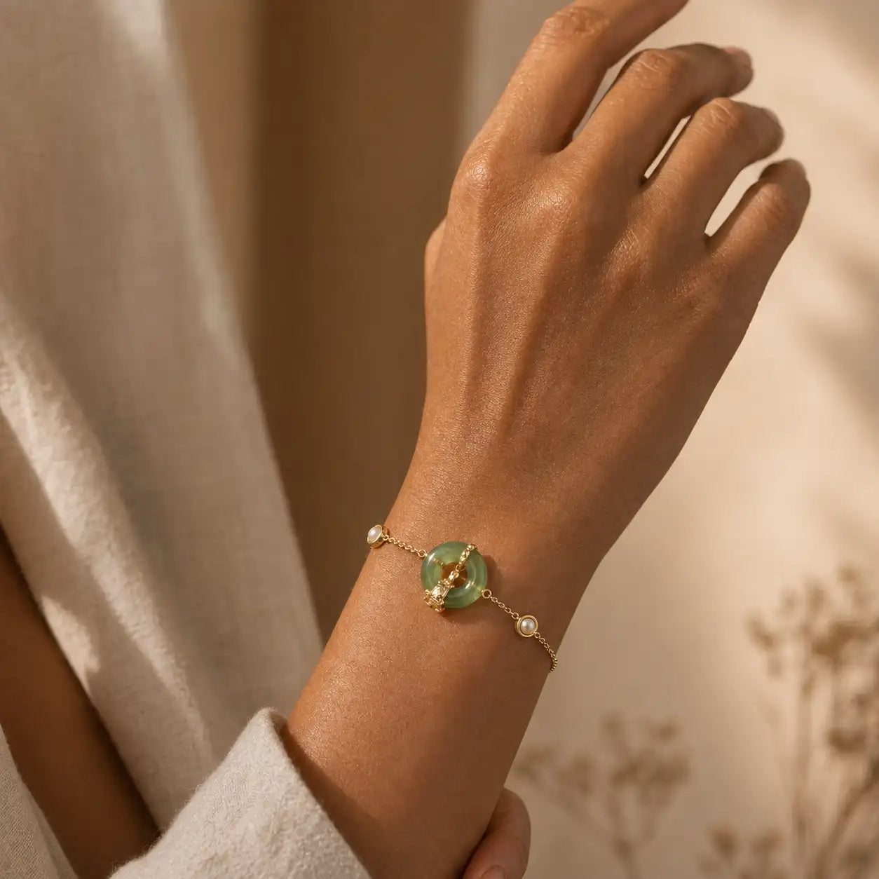 Fortune Koi Green Chalcedony Pearl Chain Bracelet worn on the wrist with delicate pearl accents