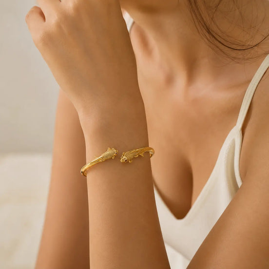 Close-up of Koi Fish Gold Cuff Bracelet with koi