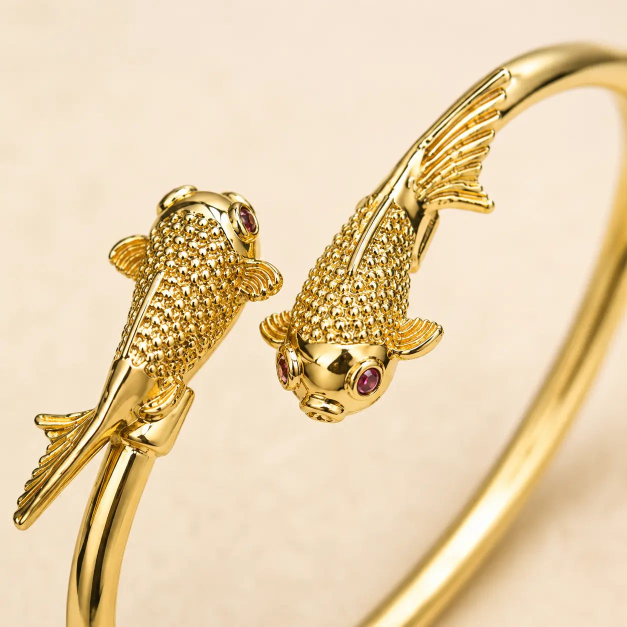 Koi Fish Gold Cuff Bracelet shown from another angle with koi
