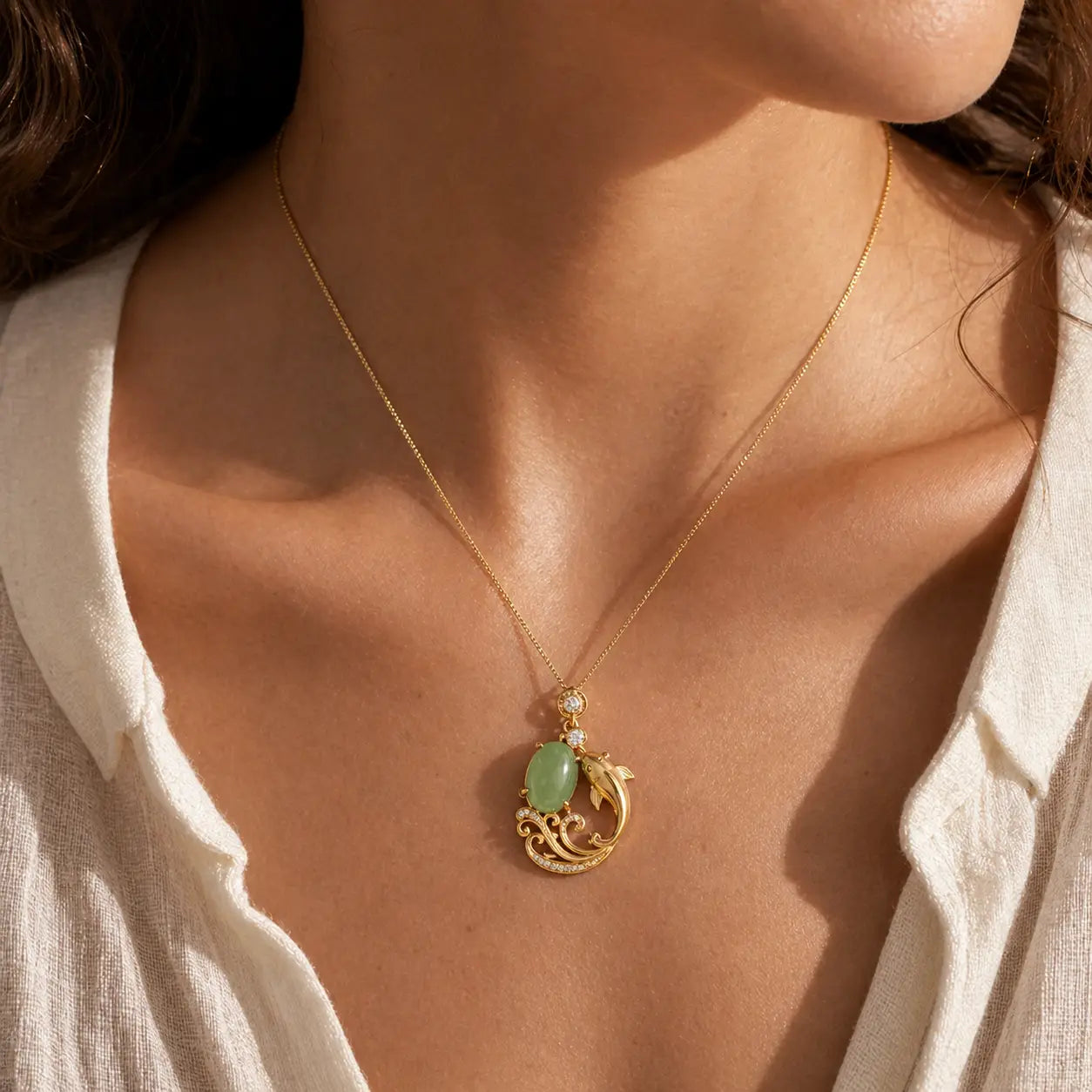 Fortune Koi Green Stone Pendant Necklace worn as a green charm necklace