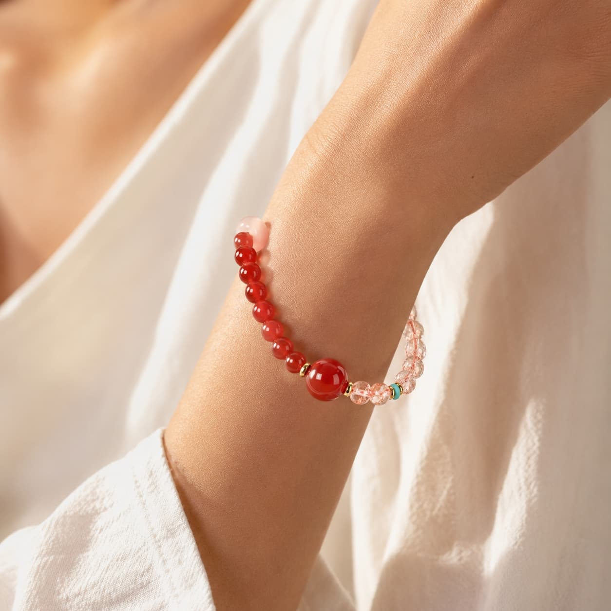 Close-up of Koi Single-Wrap Bracelet with rutilated quartz and agate