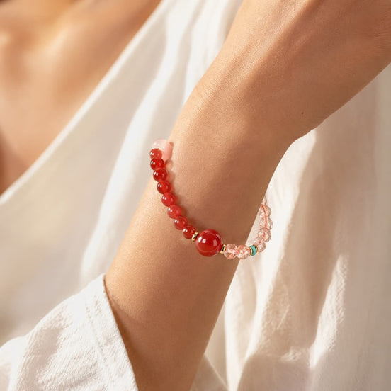 Close-up of Koi Single-Wrap Bracelet with rutilated quartz and agate