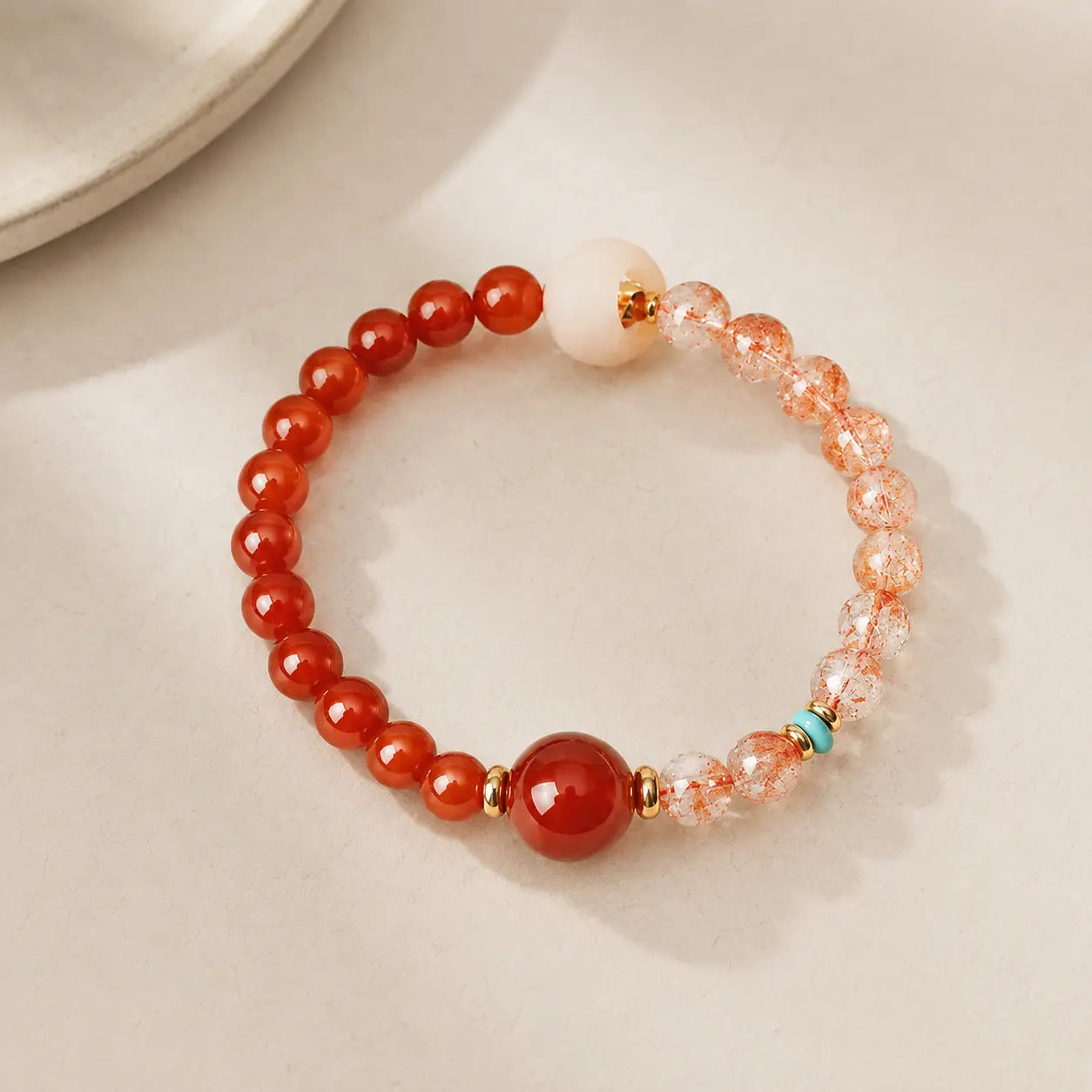 Koi Single-Wrap Bracelet detail view with rutilated quartz and agate