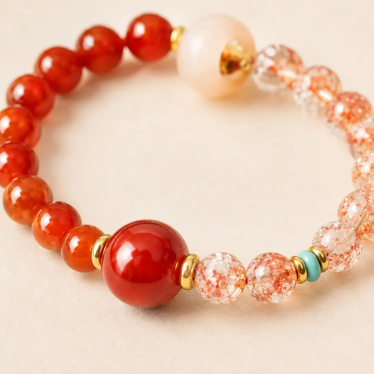 Koi Single-Wrap Bracelet shown from another angle with rutilated quartz and agate