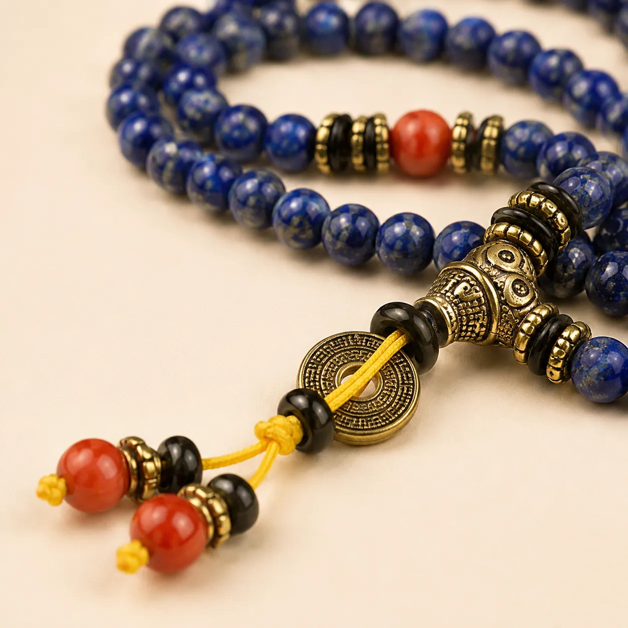 Lapis Lazuli 108 Mala Necklace shown from another angle