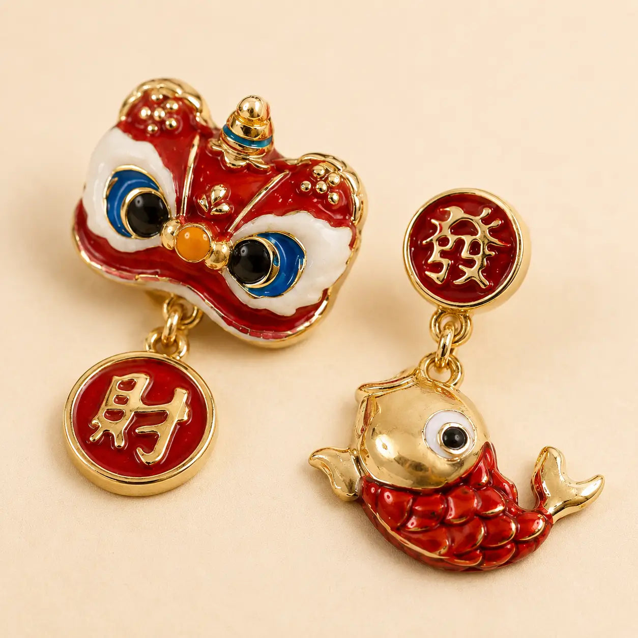 Lion Koi Drop Earrings shown from another angle with koi