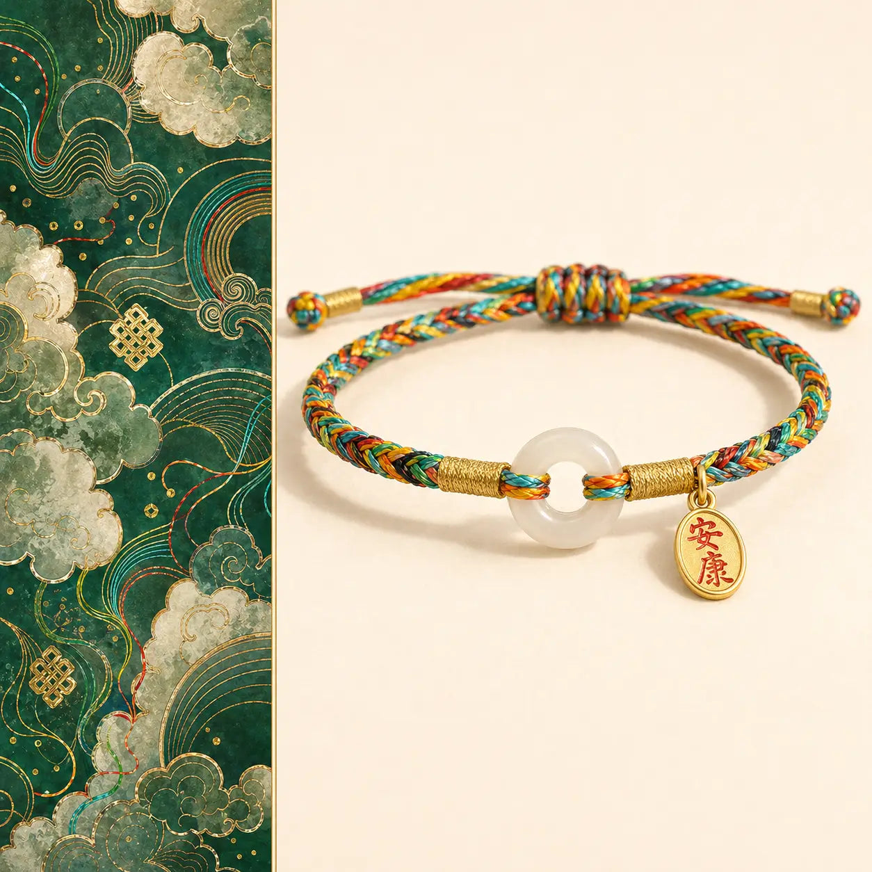 Colorful braided bracelet with a gold charm on a beige background
