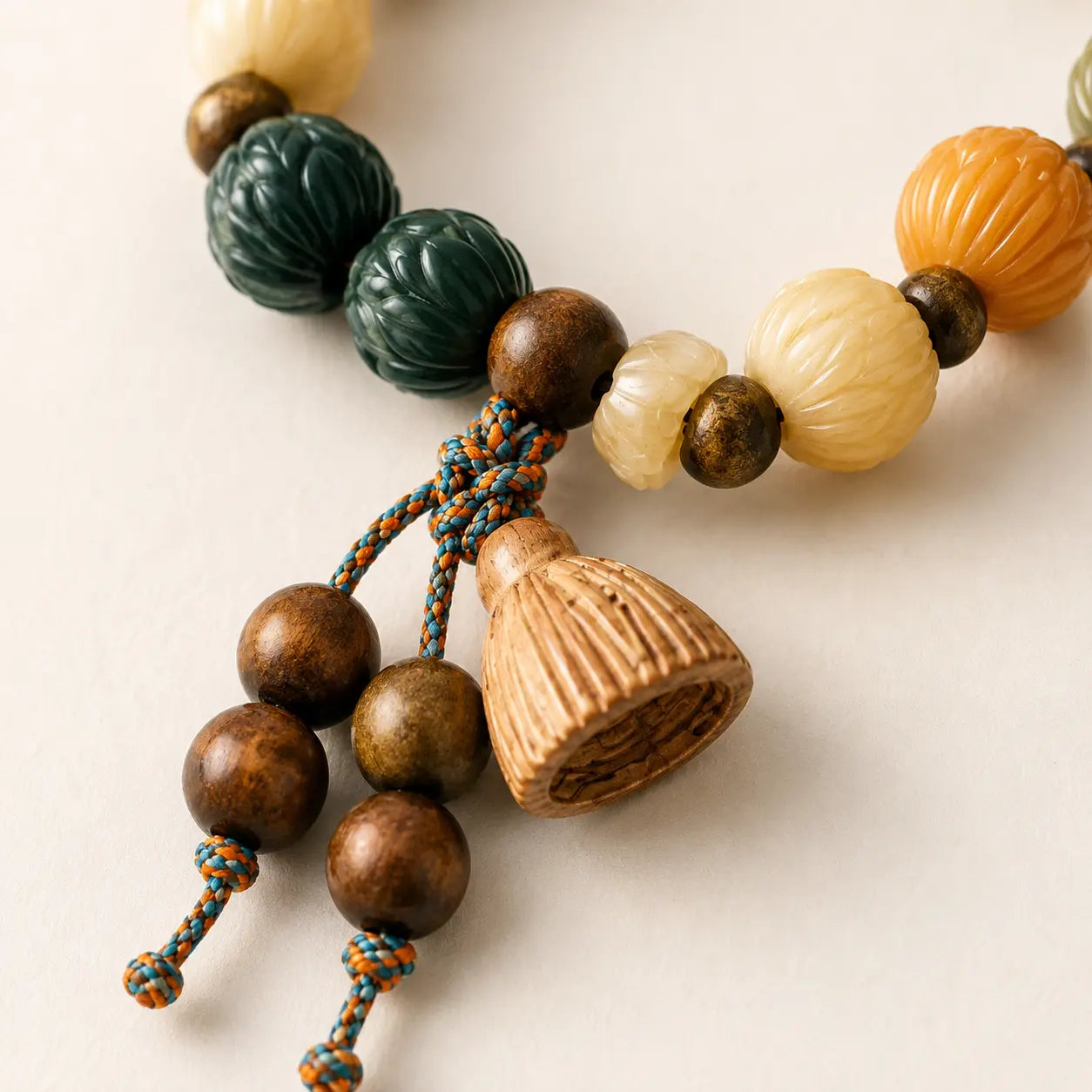 Lotus Bodhi Bracelet shown from another angle with bodhi and sandalwood
