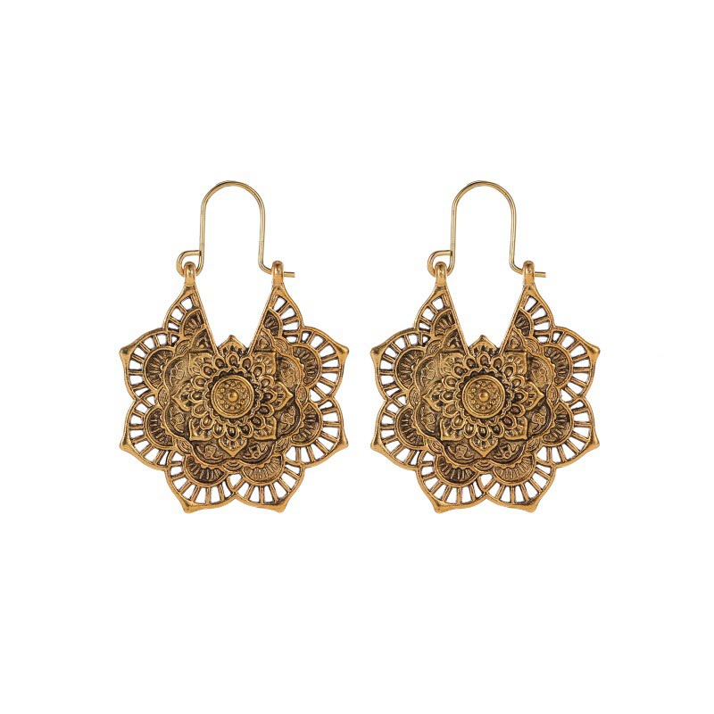 TheFuMaster Lotus Engraving Copper Drop Earrings showcasing intricate lotus carving on antique copper surface