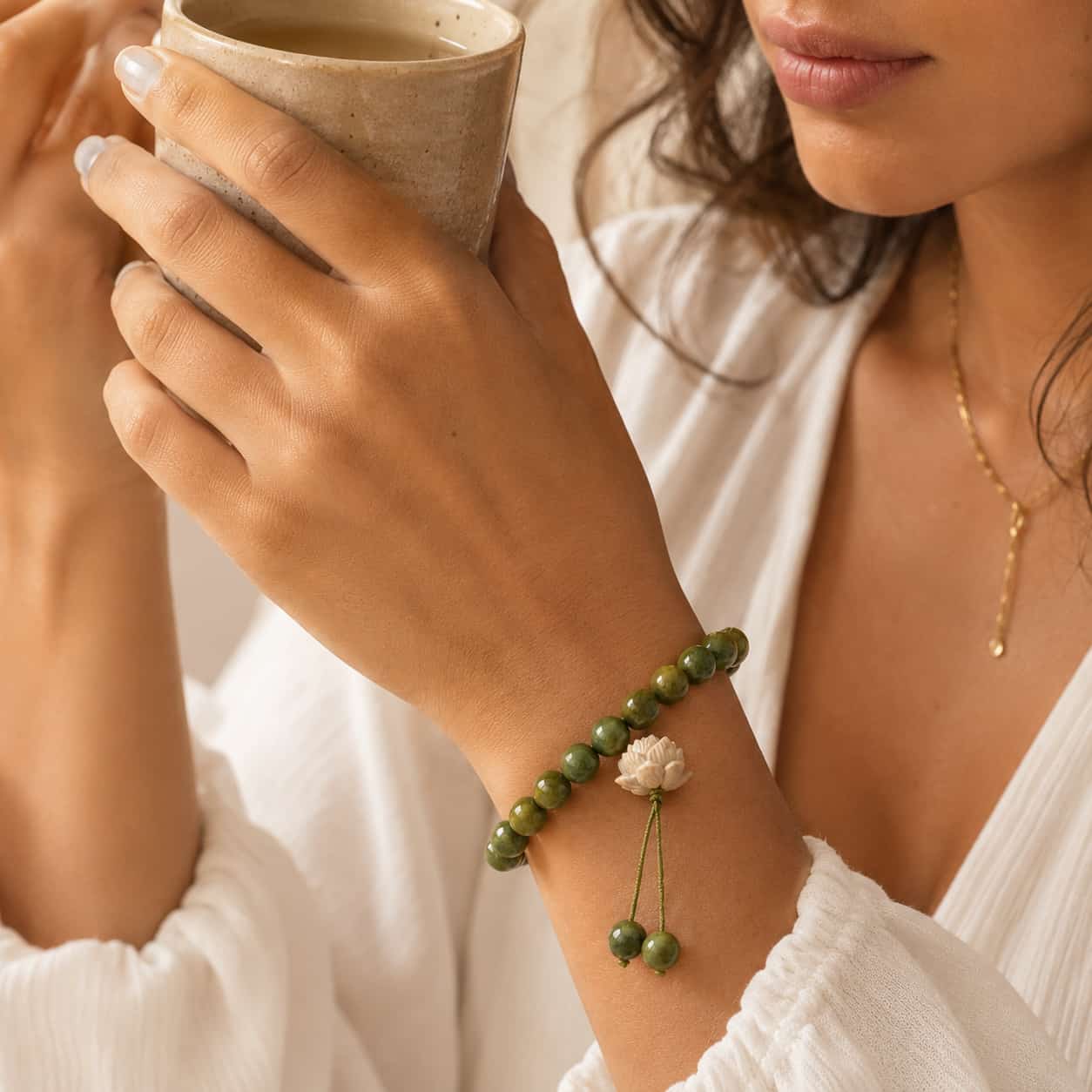 Close-up of Lotus Green Wood Bead Bracelet with lotus
