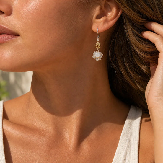 Lotus silver drop earrings worn on the ear