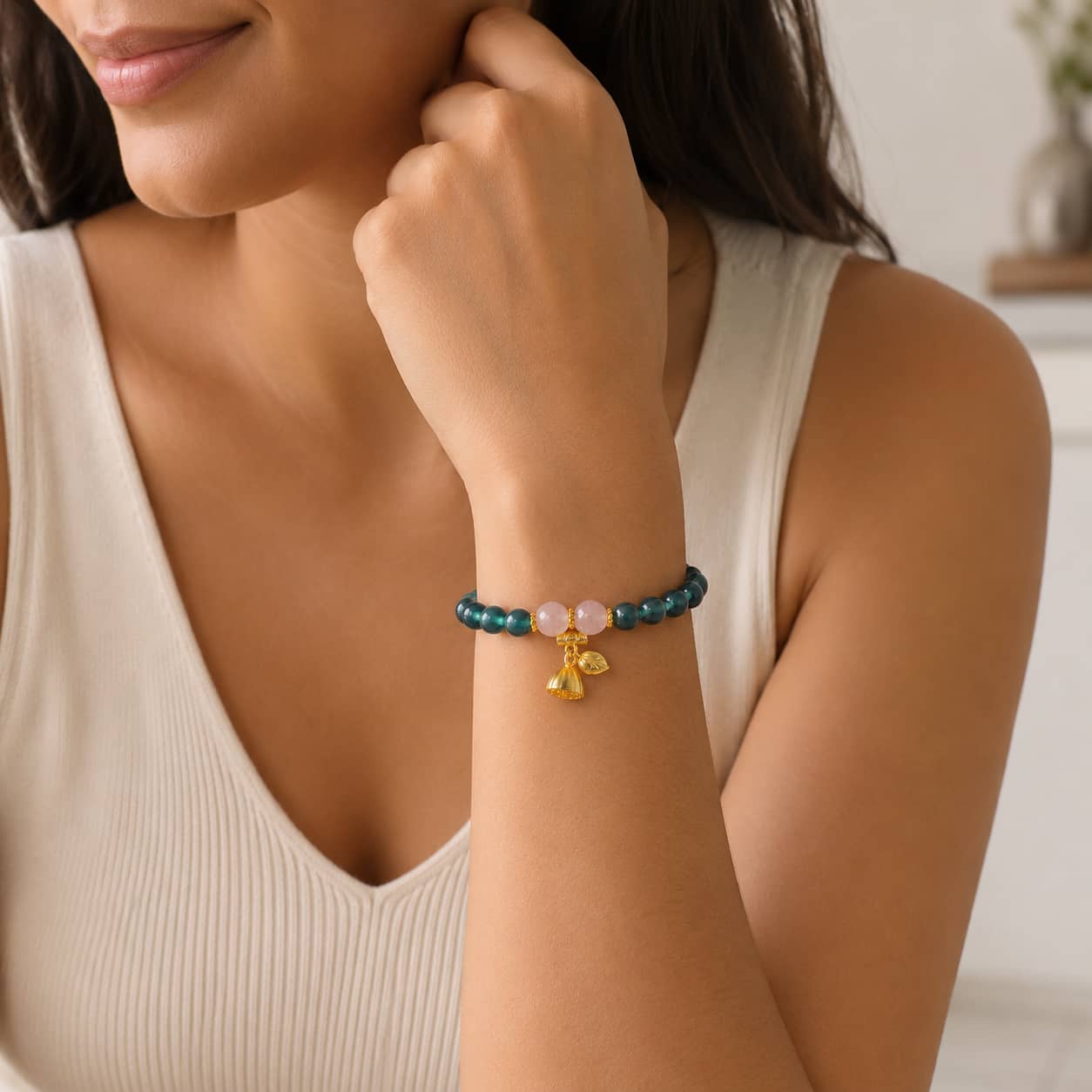 Close-up of Lotus Wish Green Agate Bracelet with agate and lotus