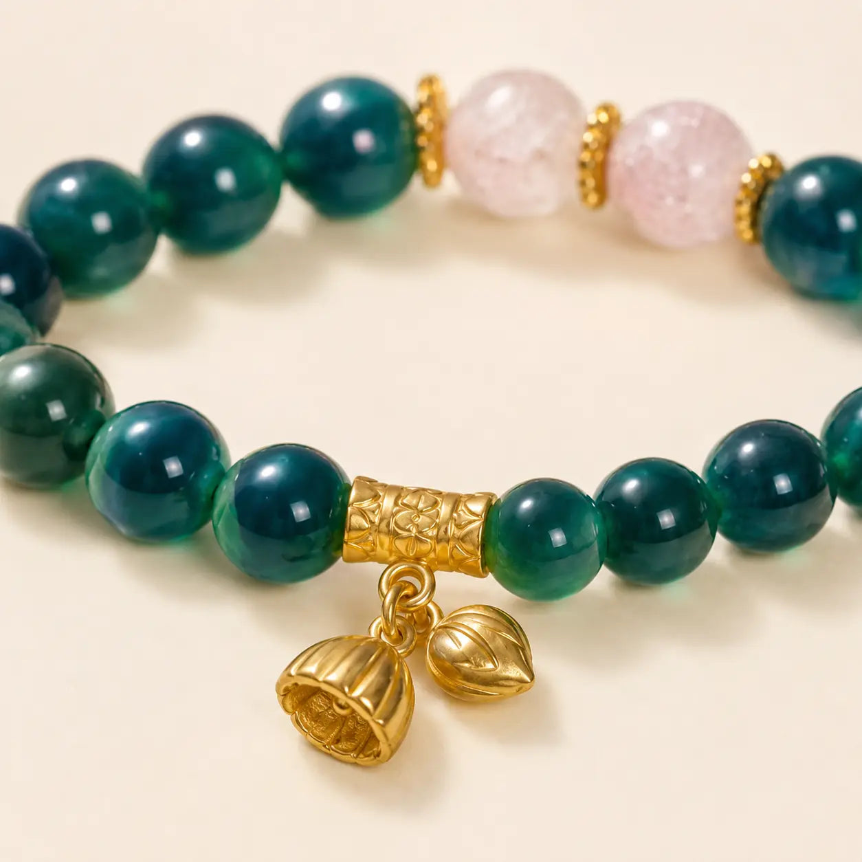 Lotus Wish Green Agate Bracelet detail view with agate and lotus