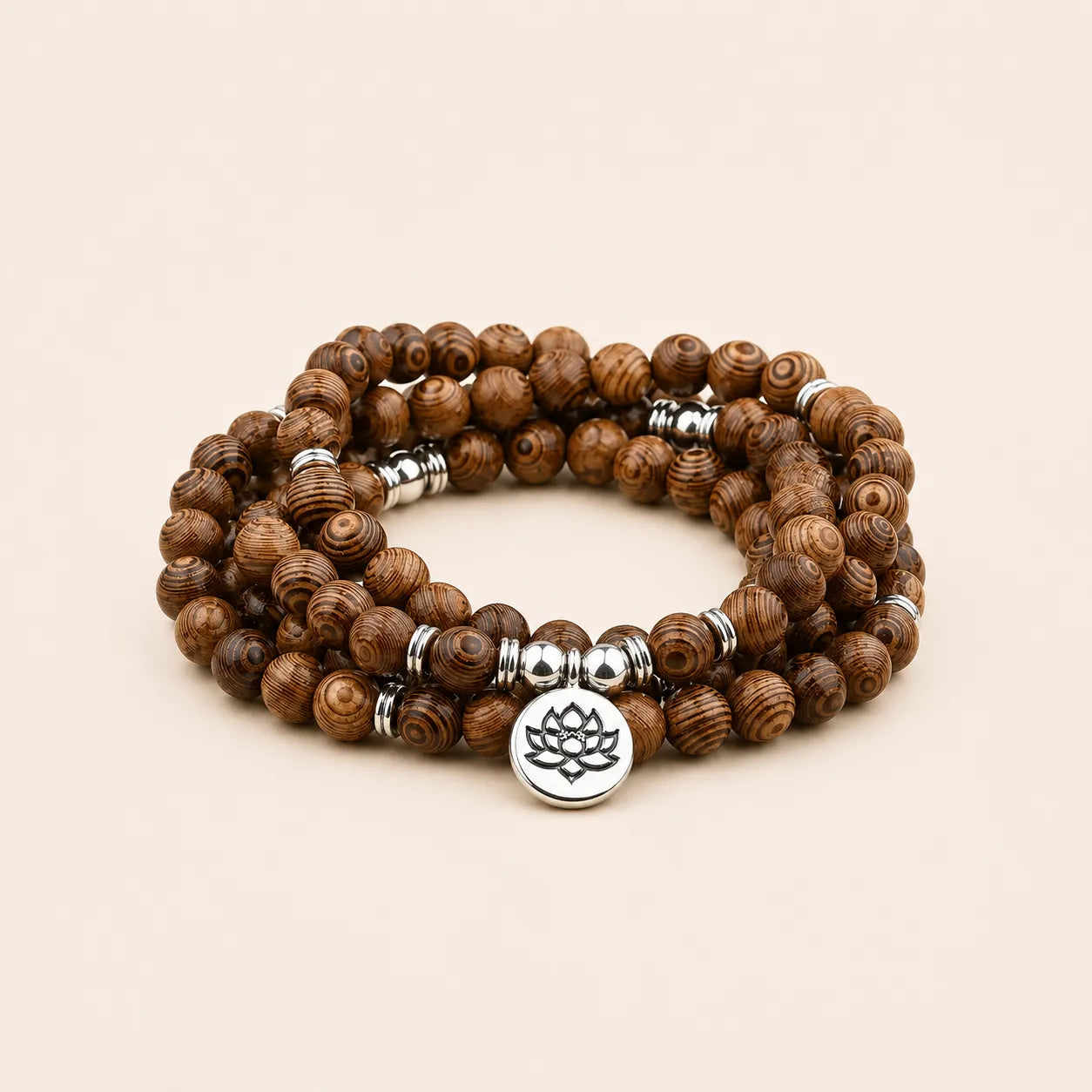 Lotus Wood Bead Mala Bracelet with lotus