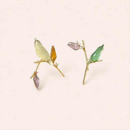 Magpie Branch Jade-Style Stud Earrings