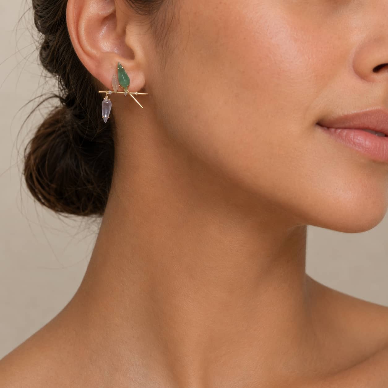 Close-up of Magpie Branch Jade-Style Stud Earrings