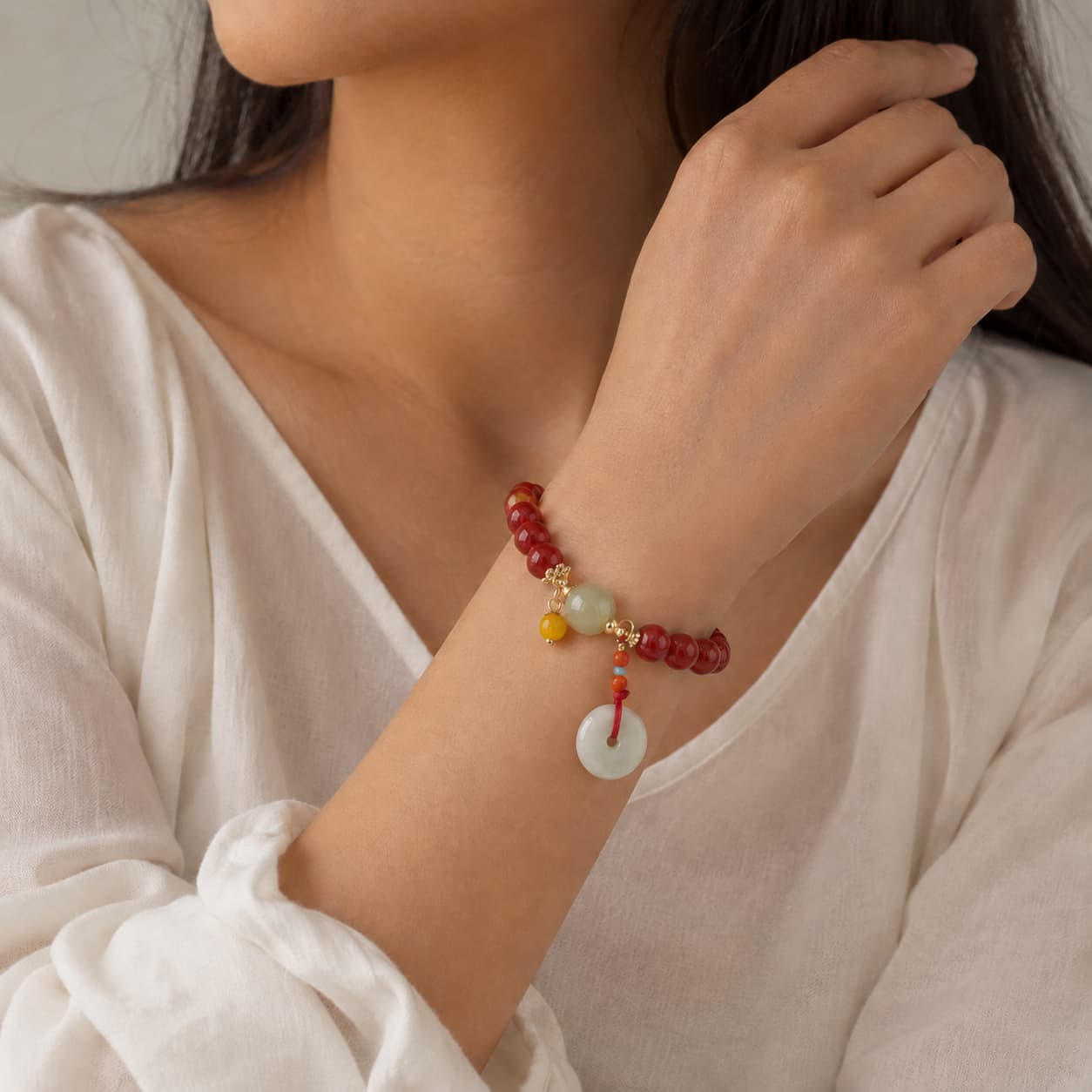 Close-up of Nanhong Agate Peace Buckle Bracelet with agate
