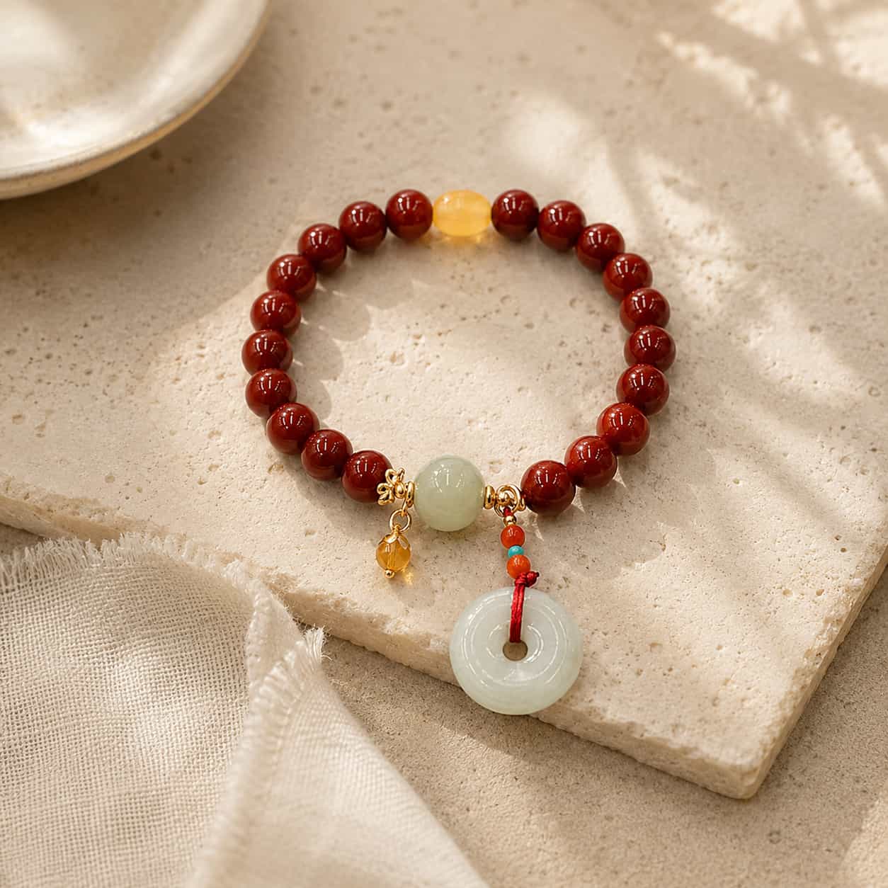 Nanhong Agate Peace Buckle Bracelet shown from another angle with agate