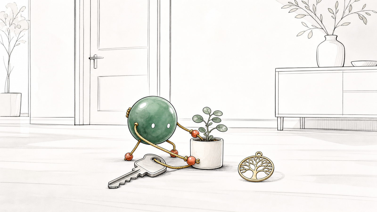 TheFuMaster bead-person arranging a house key, plant, and Tree of Life note in a new home