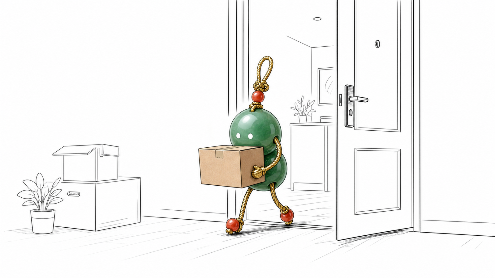 TheFuMaster bead-person carrying a moving box through a new home threshold