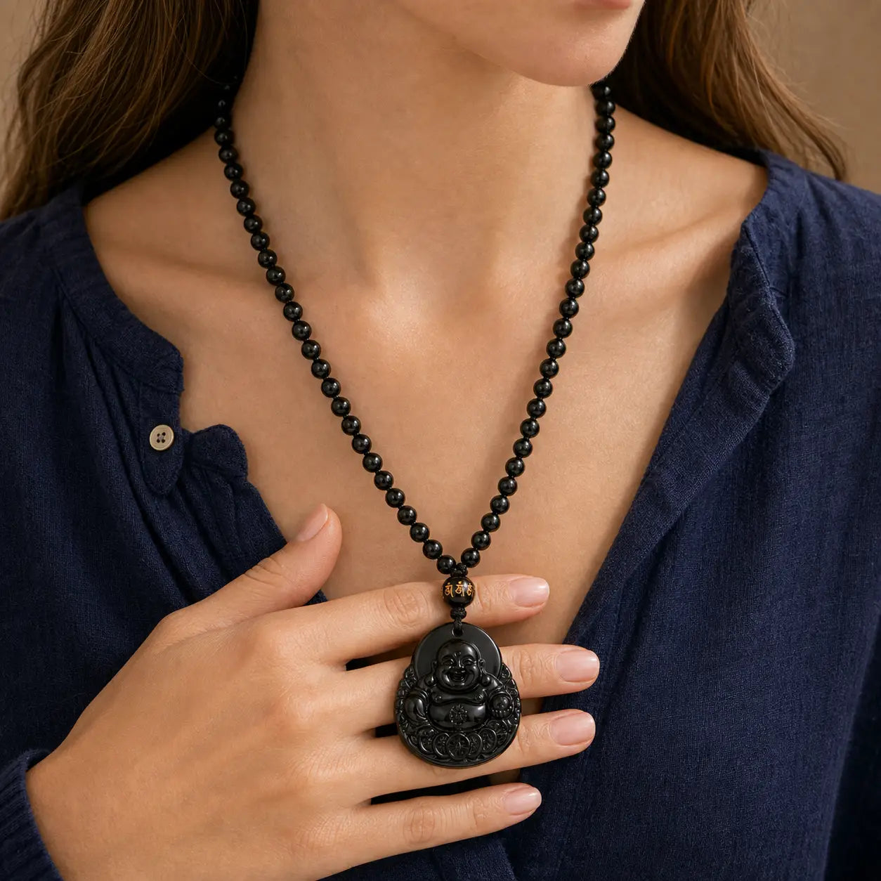 Laughing Buddha Obsidian Pendant with black beads and dark Buddha pendant by TheFuMaster