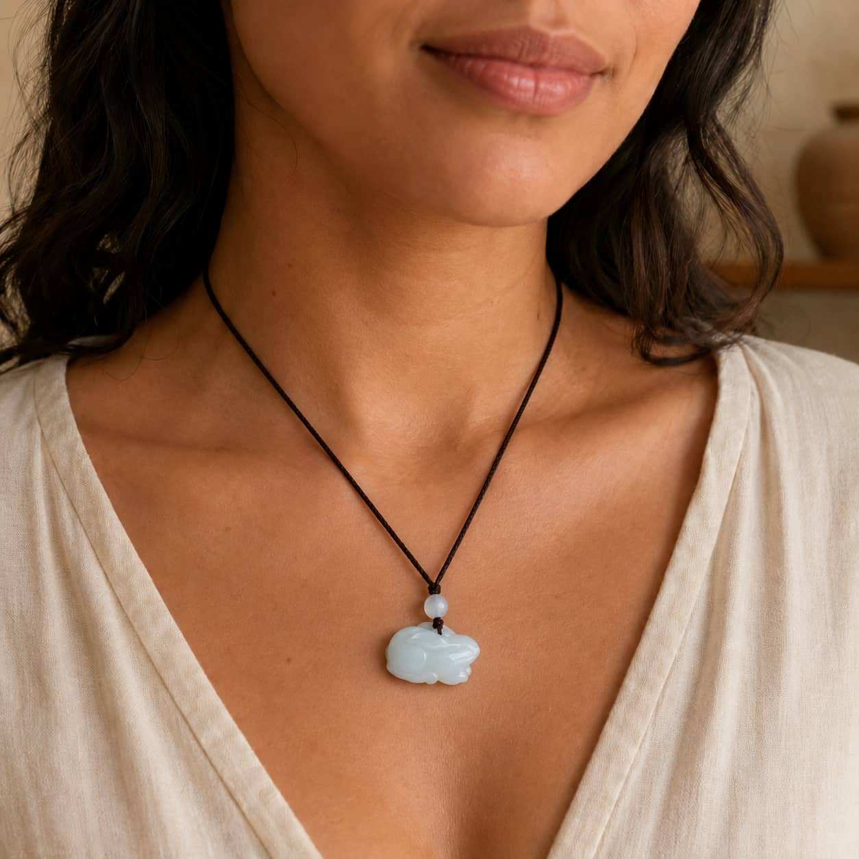 Close-up of Pale Jade Rabbit Zodiac Pendant