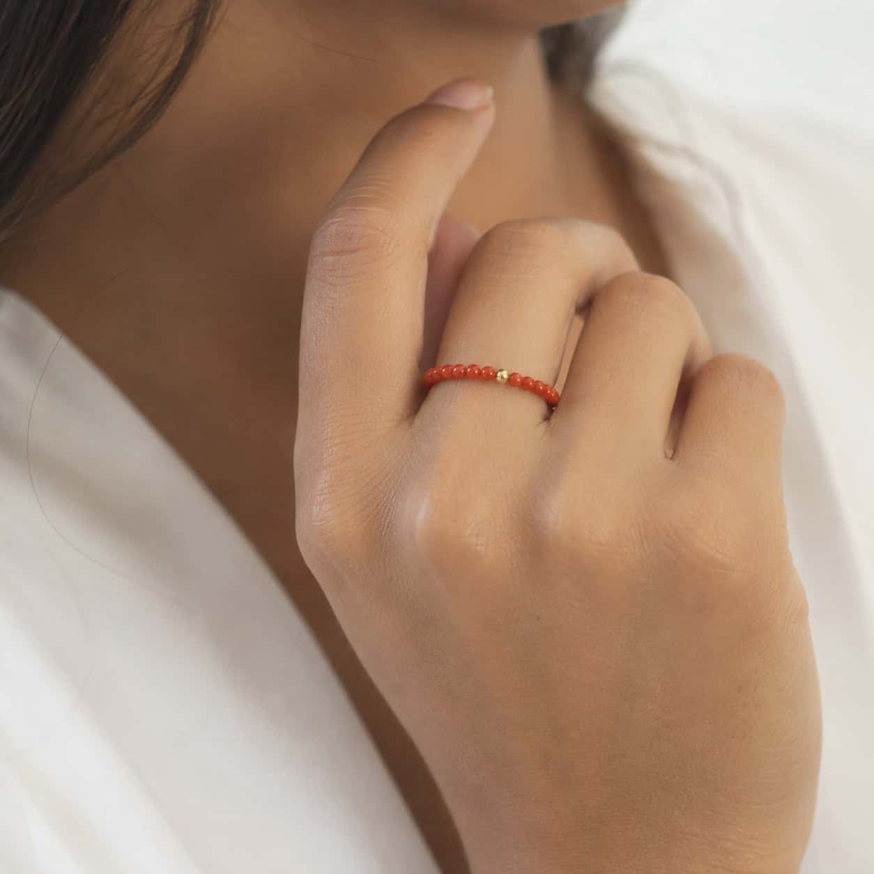 Close-up of Persimmon South Red Agate Beaded Ring with agate