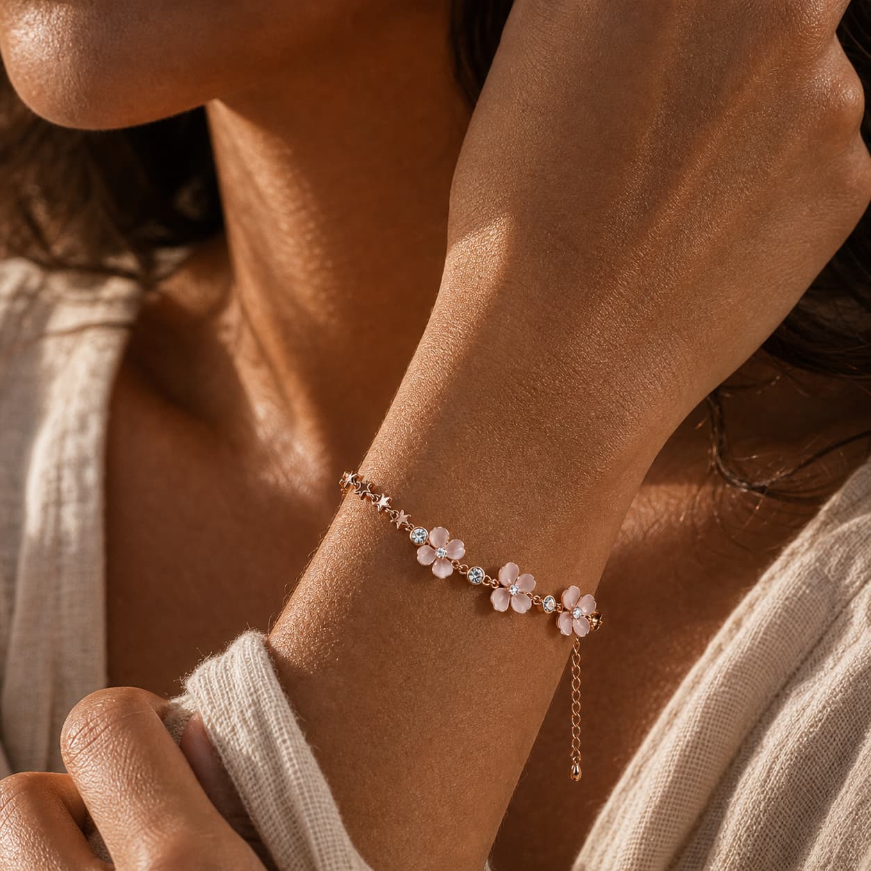 Soft Bloom Pink Petal Charm Bracelet styled with pink petal charms
