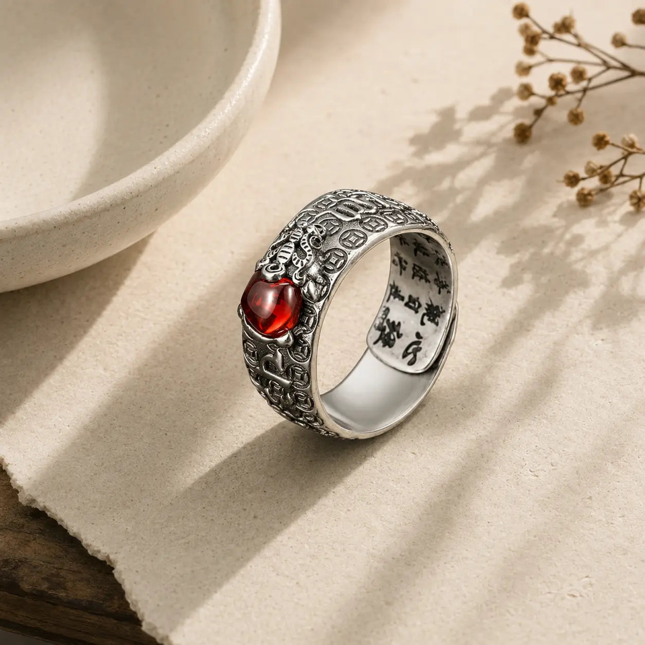 Pixiu Symbol Wide Band Ring detail view with pixiu