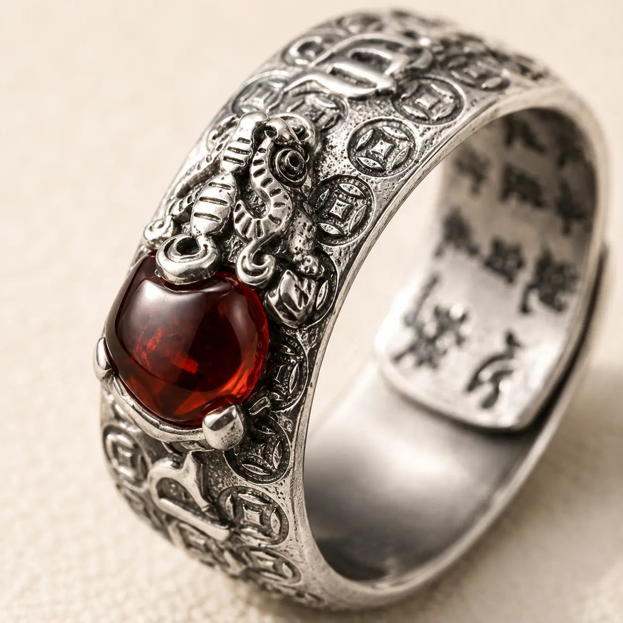 Pixiu Symbol Wide Band Ring shown from another angle with pixiu