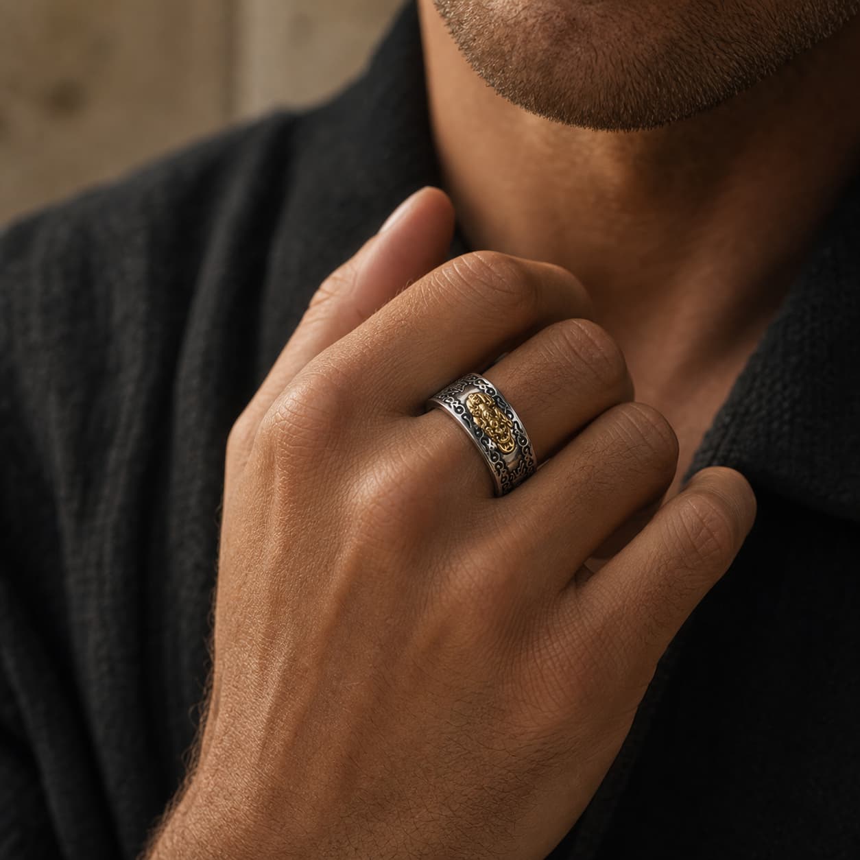 Close-up of Pixiu Wealth Ring with pixiu
