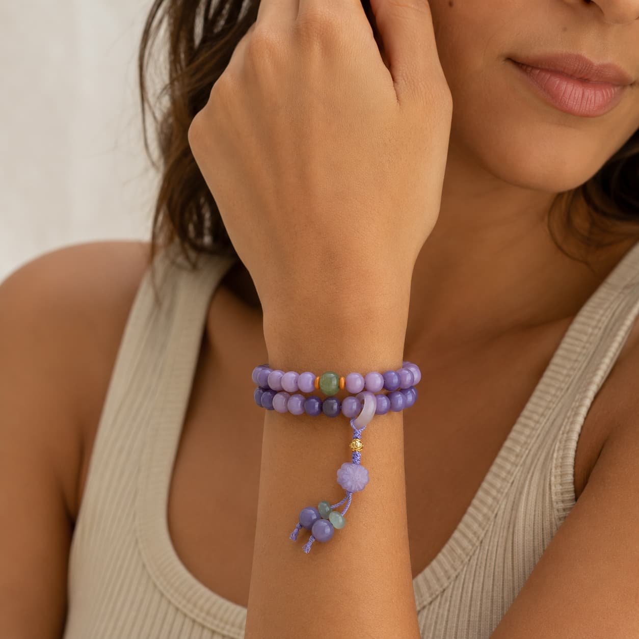 Close-up of Purple Bodhi Mala Bracelet with bodhi