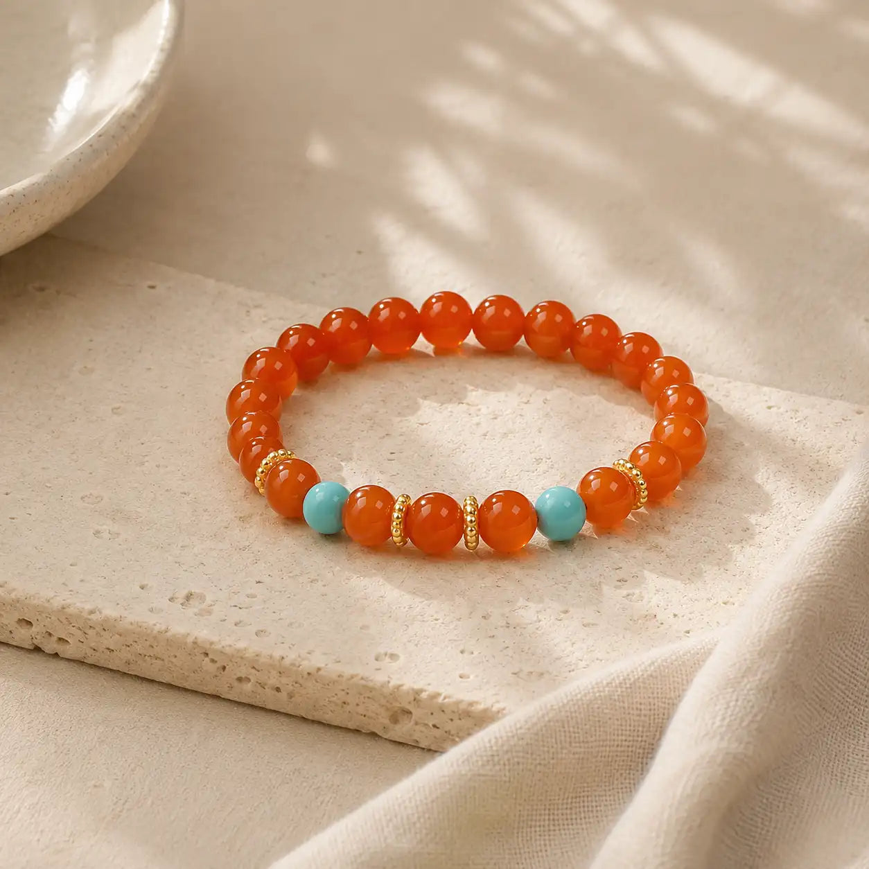 Red Agate & Turquoise Ring shown from another angle with agate and turquoise