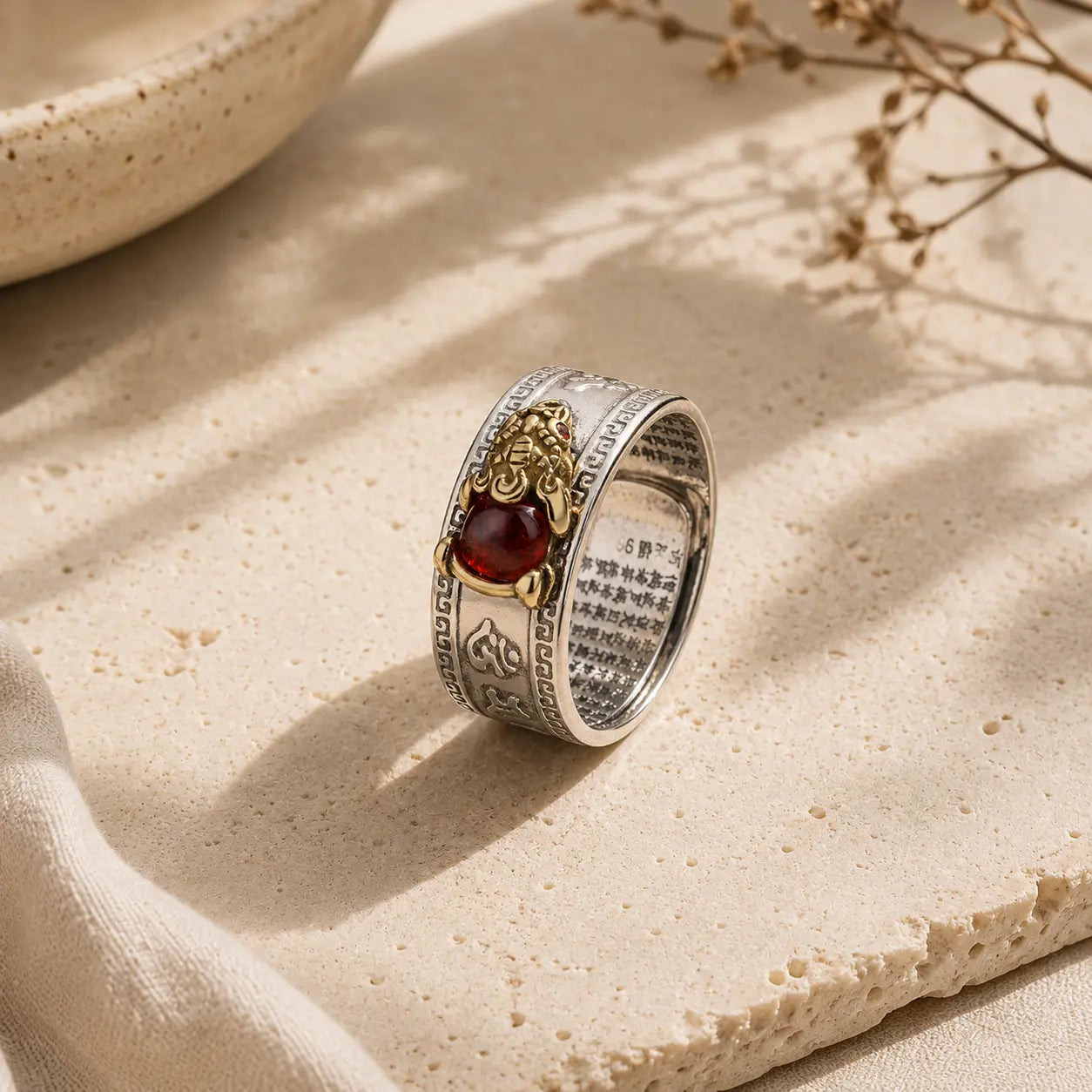 Red Agate Pixiu Ring detail view with agate and pixiu