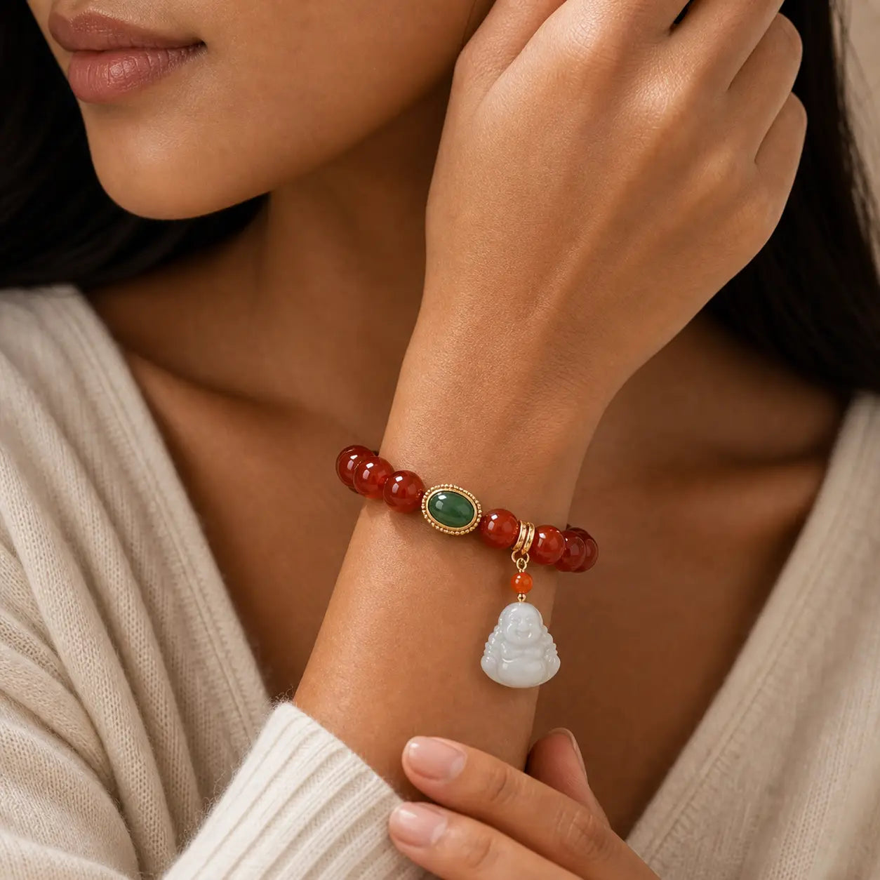 Vital Momentum Red Agate Bracelet worn on wrist with red beads and white jade charm
