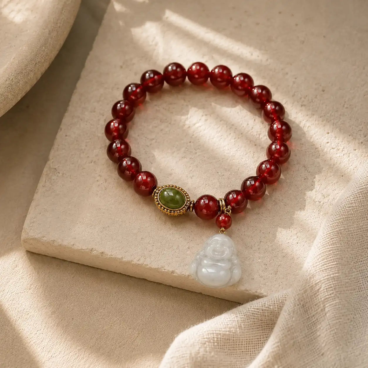 Red Agate Serenity Symbol Bracelet shown from another angle with agate