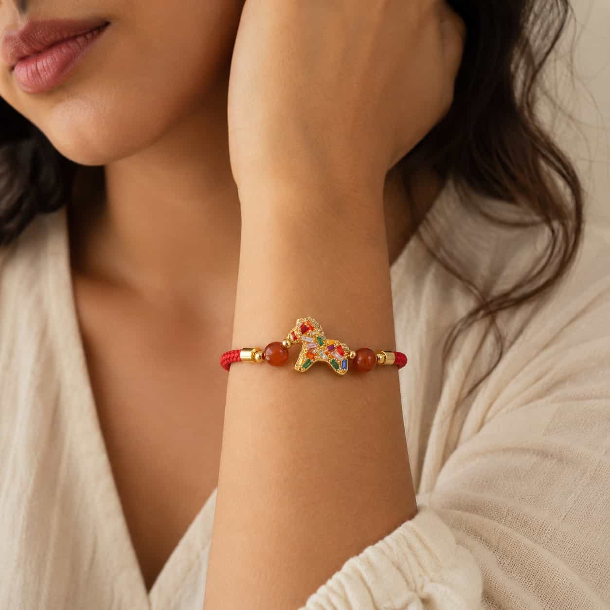 Close-up of Red Rope Horse Charm Bracelet