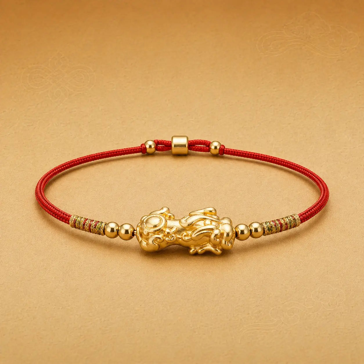 Gold bracelet with a red string on a beige background