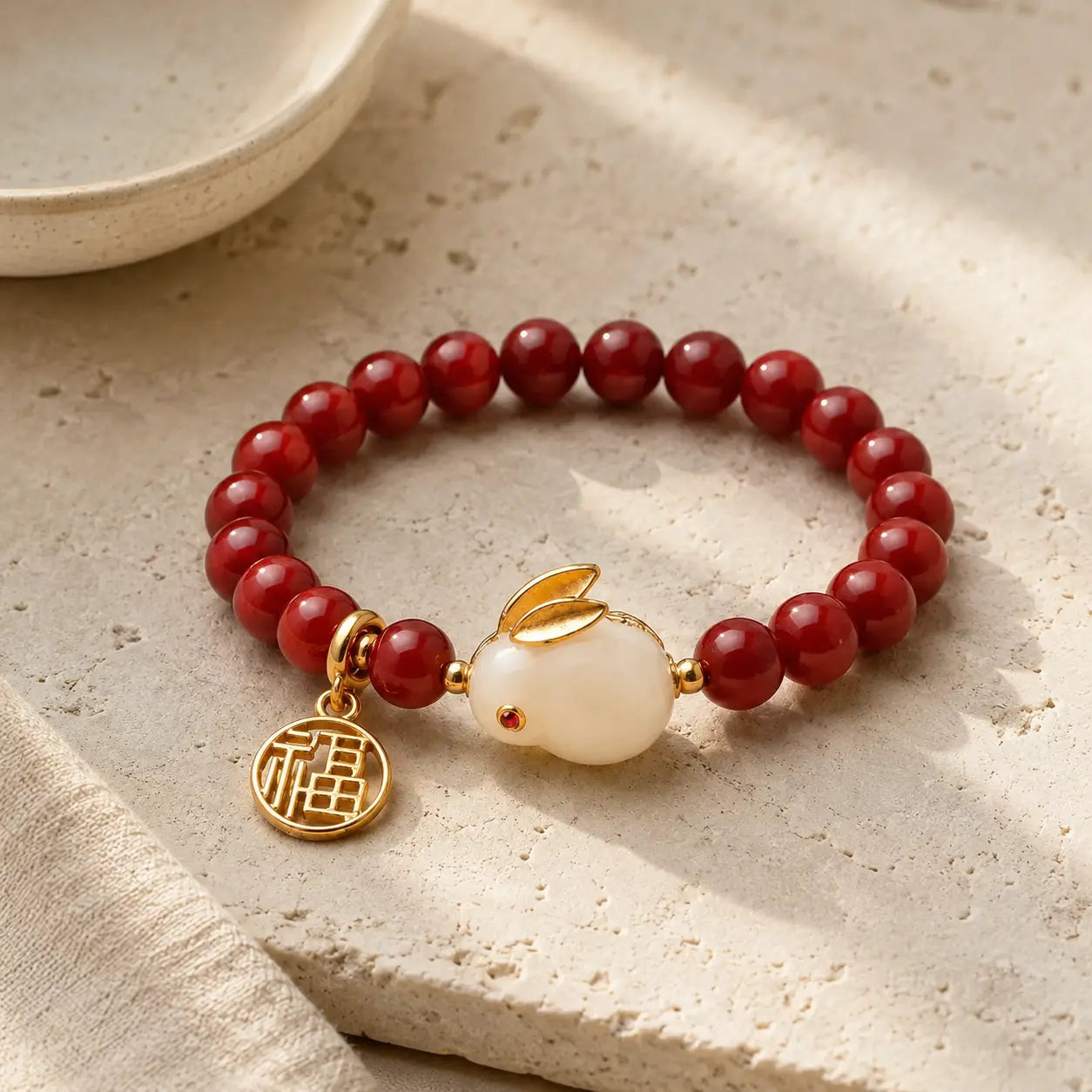 Red Stone Rabbit Fu Bracelet shown from another angle