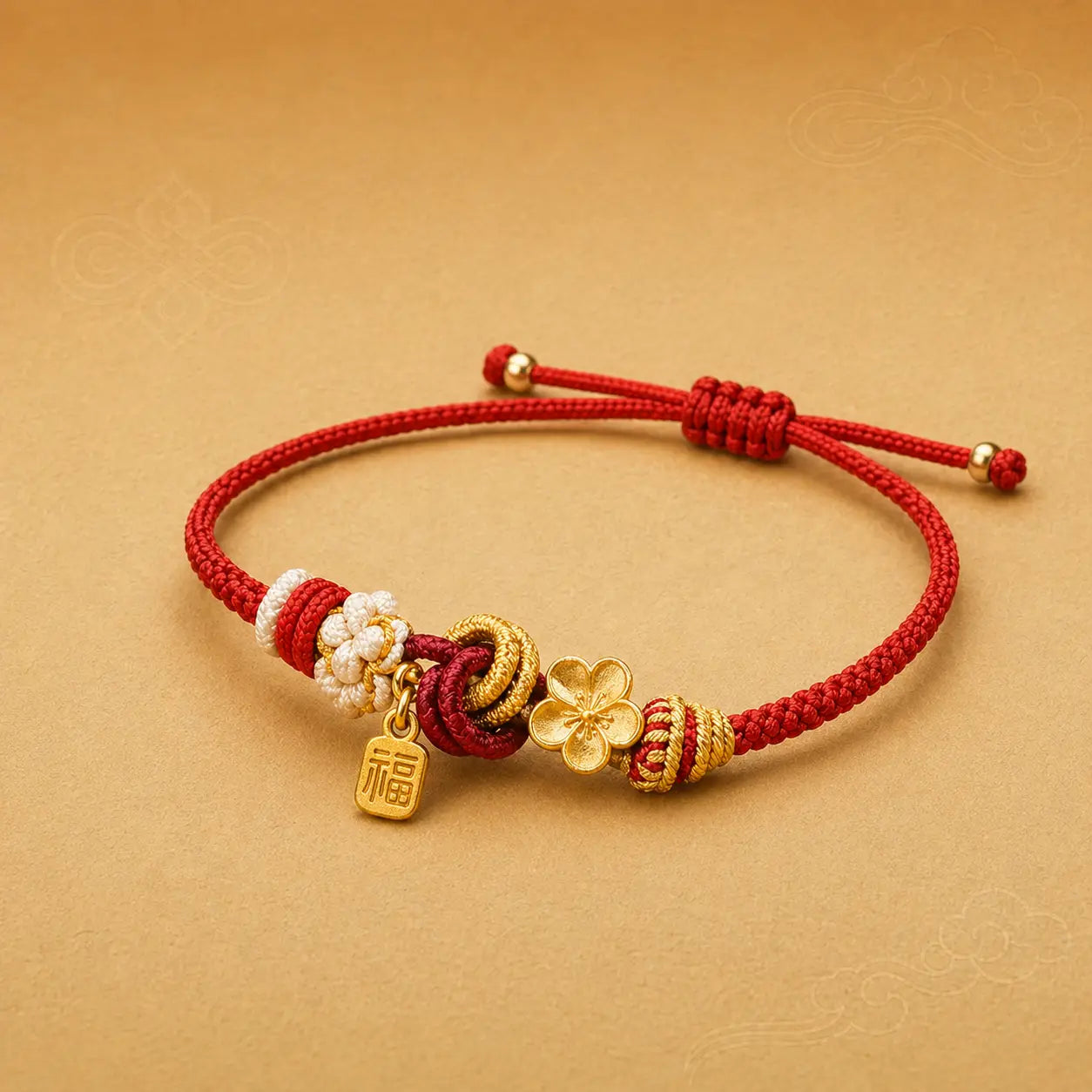 Red string bracelet with gold and pearl charms on a beige background