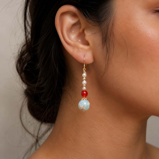 Close-up of Shoushan Stone Red Agate Drop Earrings with agate